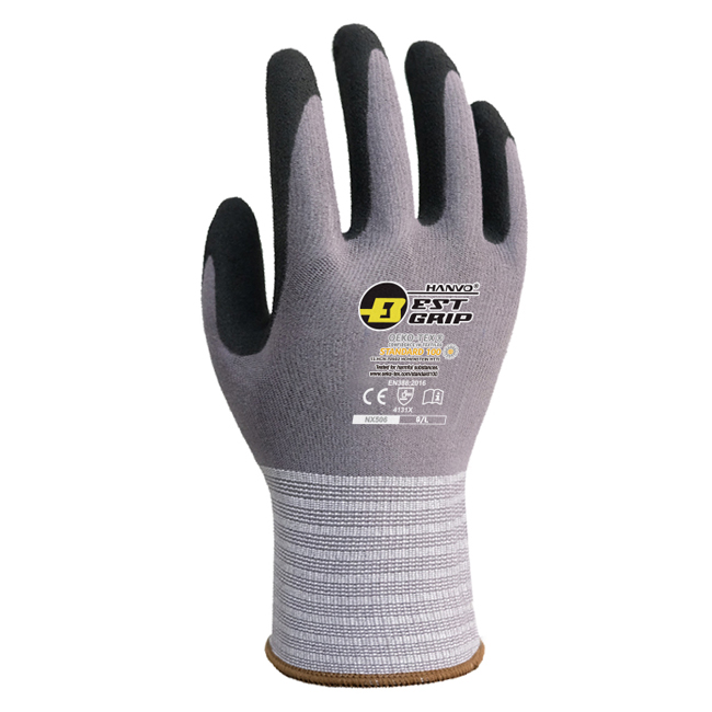 NX506 WORK GLOVES(2) HANVO NX506 General Work Gloves, Abrasion Resistant, Oil Repellent, Sandy Nitrile Palm Coated, Reinforced 15 Gauge Nylon & Spandex Shell - Image 1