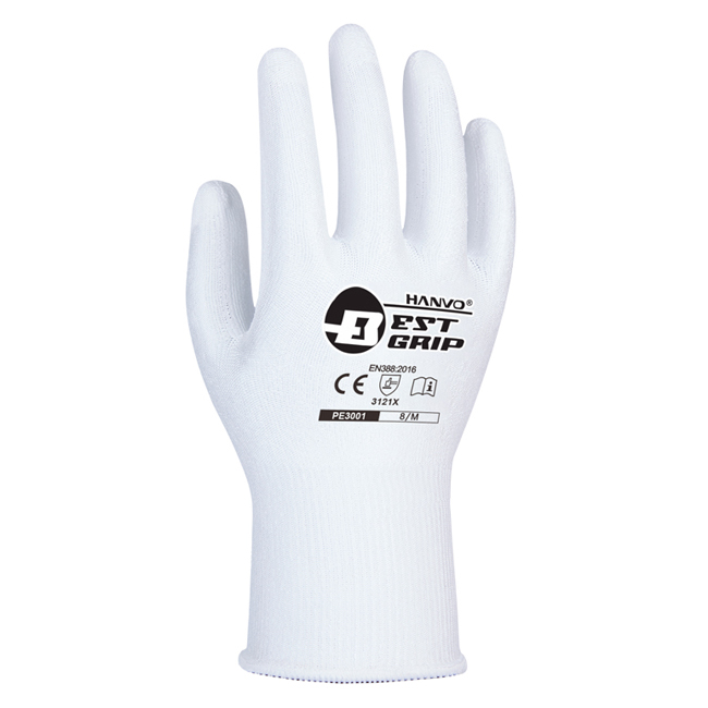PE3001 GENERAL WORK GLOVES (2) HANVO PE3001 Abrasion Resistant General Work Gloves, PU Coated Palm, 13 Gauge Nylon Lining, High Dexerity, Strong Grip - Image 1