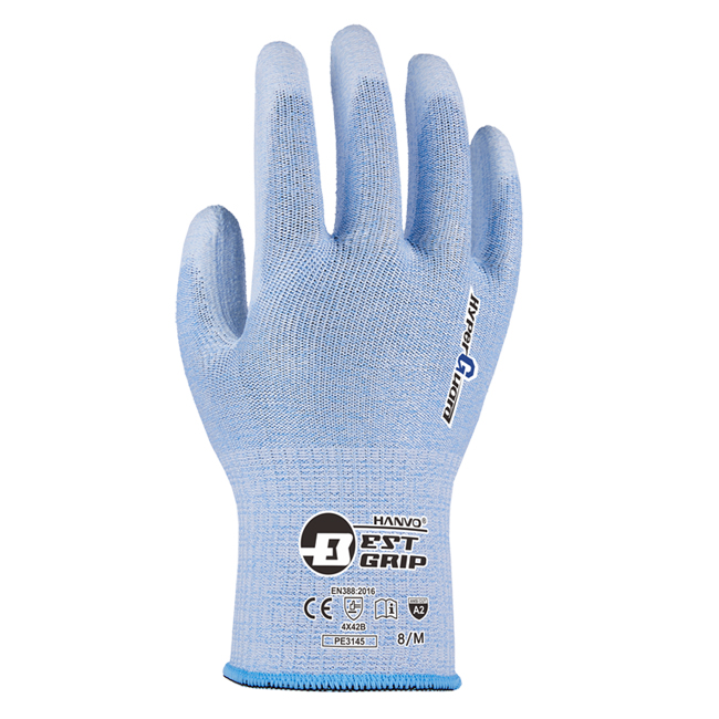 PE314 CUT RESISTANT GLOVES (1) HANVO PE3145 ANSI CUT A2 13 Gauge HPPE/Glass Fibre Cut Resistant Work Gloves, Abrasion Resistant, PU Palm Coated - Image 1