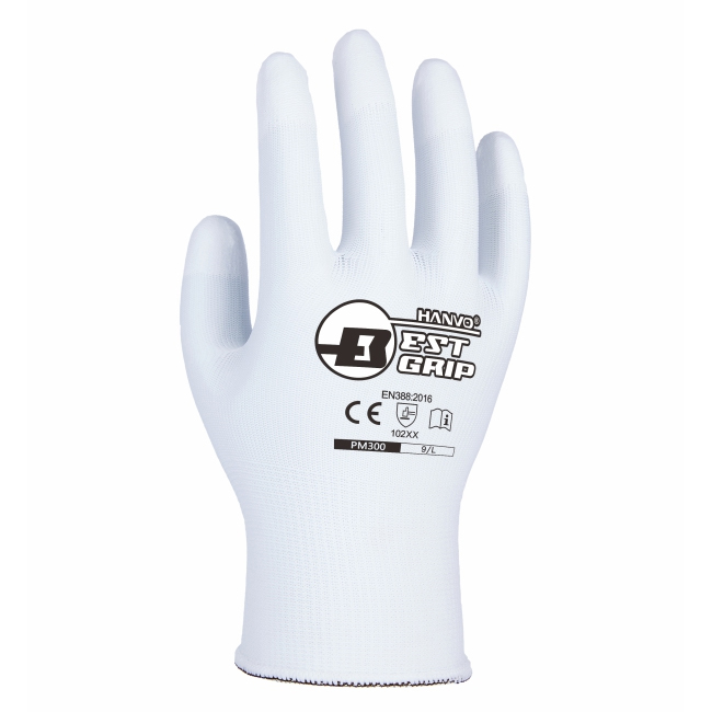 PM300 GENERAL WORK GLOVES (1) HANVO PM300 Abrasion Resistant General Work Gloves, PU Coated Fingers, 13 Gauge Nylon Lining, Flexible, Strong Grip - Image 1