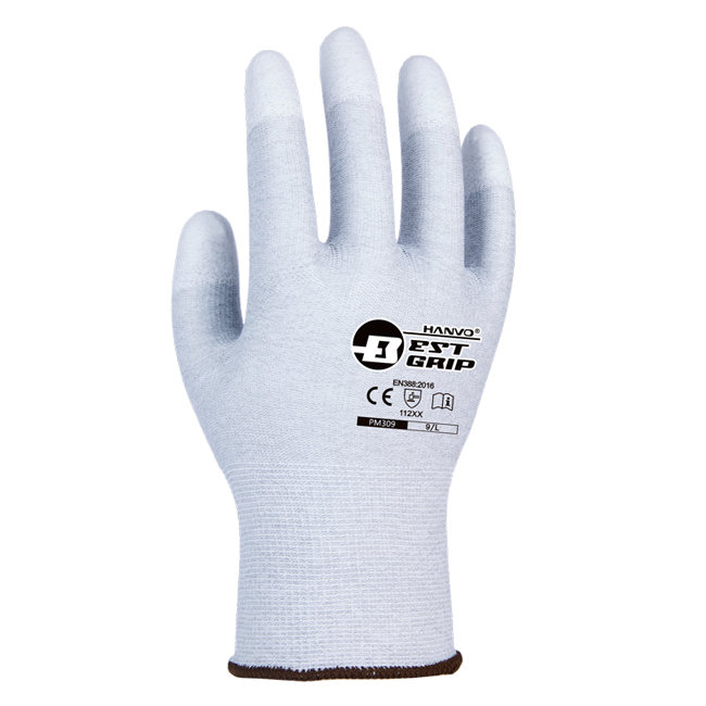 PM309 general work gloves (1) HANVO PM309 Abrasion Resistant General Work Gloves, PU Coated Fingers, 13 Gauge Carbon Filament Lining, Flexible, Strong Grip - Image 1