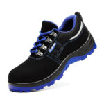 XYEHS 607-BLS Suede Cow Leather Safety Work Shoes with Blue PU Sole, Steel Toe Cap & Steel Plate Mid Sole, Impact & Puncture Resistant Work Sneakers, Anti-Slip Footwear