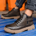 XYEHS 678-MF Cowhide Leather Mid-Top Safety Work Shoes with Fleece, Rubber Outsole & Aramid Midsole, Steel Toe Cap, Cold Resistant, Impact & Puncture Resistant Work Sneakers, Anti-Slip Boots - Image 2