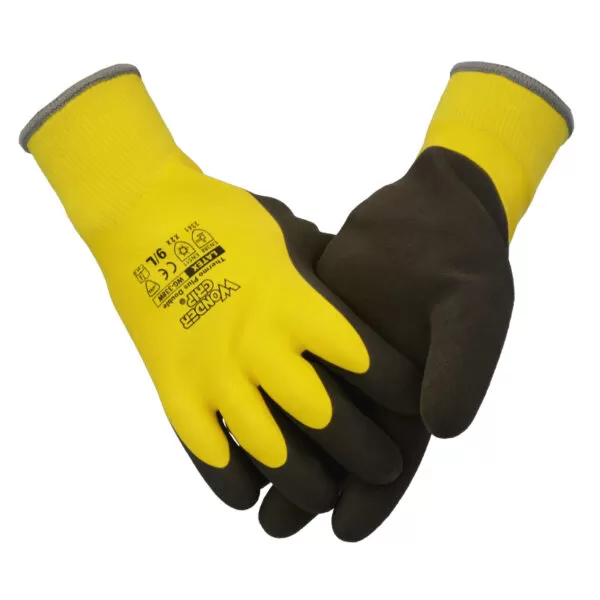WonderGrip WG-338W Full Coating Dual Rubber Latex General Work Gloves, Anti-Slip & Water Resistant, -10℃ Low Temperature Protection, Flat Latex Knuckle, Sandy Latex Palm, Acrylic Fiber Lining